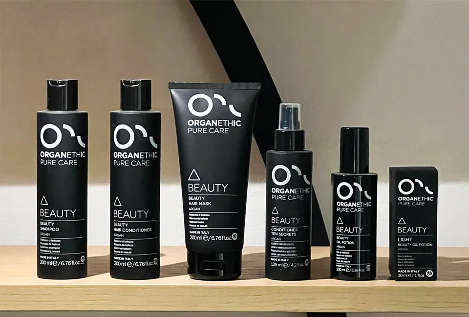 6 Organethic Pure Care Beauty Argan products on a shelf.