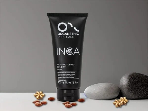 Remedy Mask container with scattered almonds and Inca Flowers.