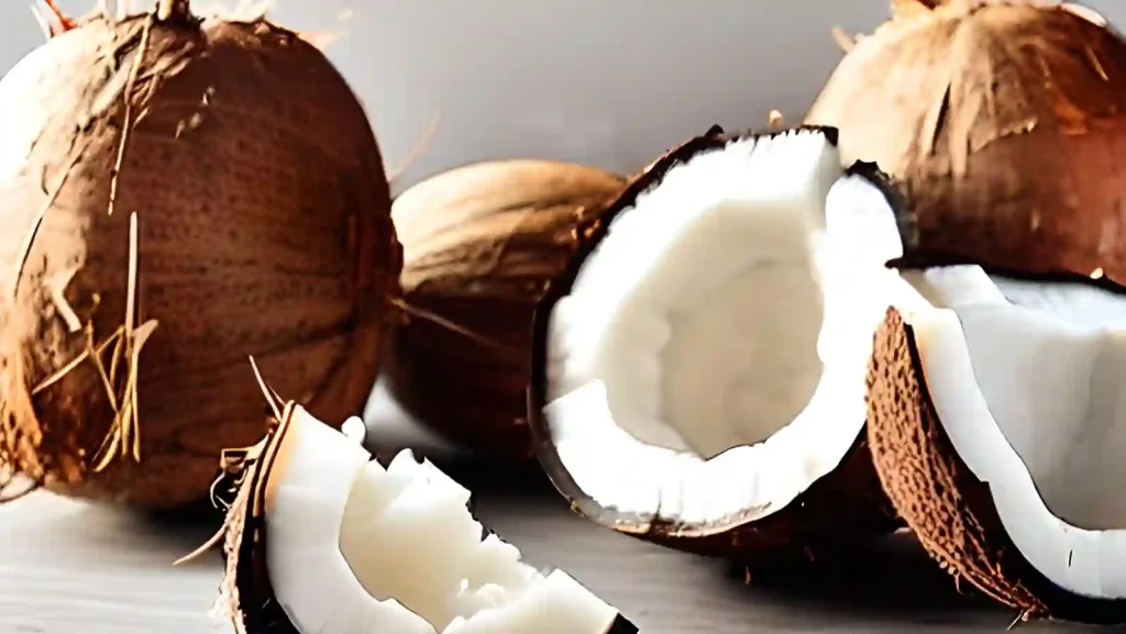 Coconut cut open showing raw flesh.
