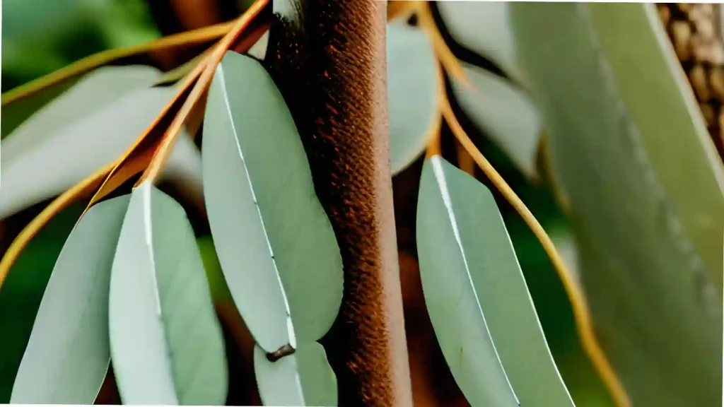 Eucalyptus leaves on a branch.