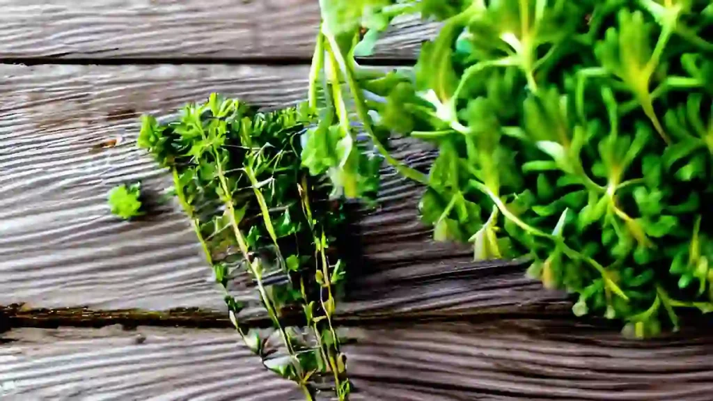 bunches of fresh thyme herb.