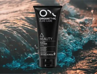 Organethic Pure Care Beauty Mask for hair, with sea in the background.